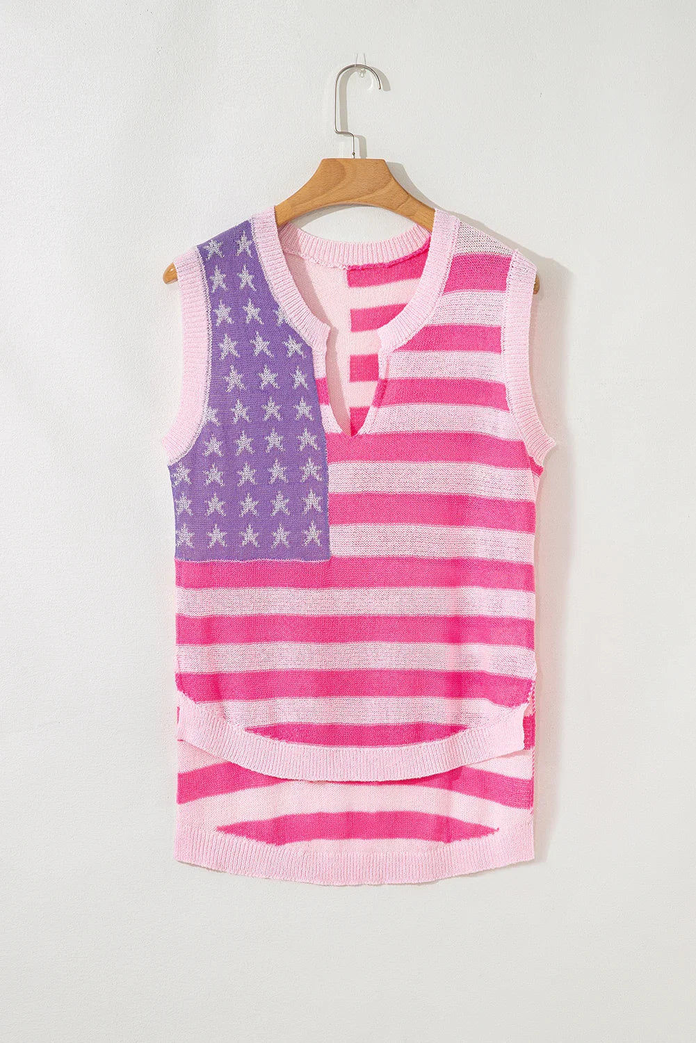 Beige USA Flag Notched Neckline Loose Knit Vest