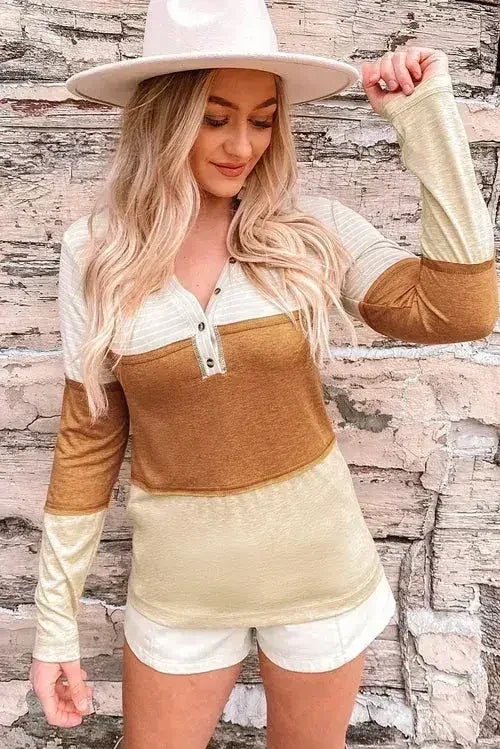 Orange Color Block Henley Top - Striped V-Neck Knit | Femstylo