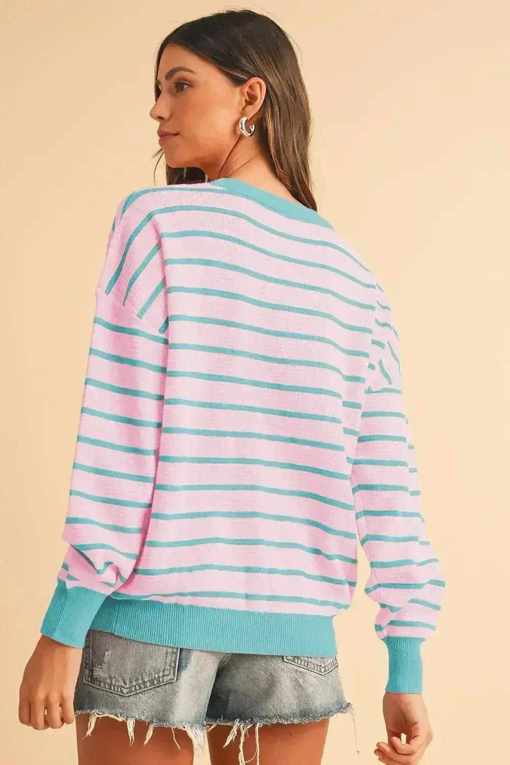 Pink Stripe Round Neck Drop Shoulder Loose Sweater
