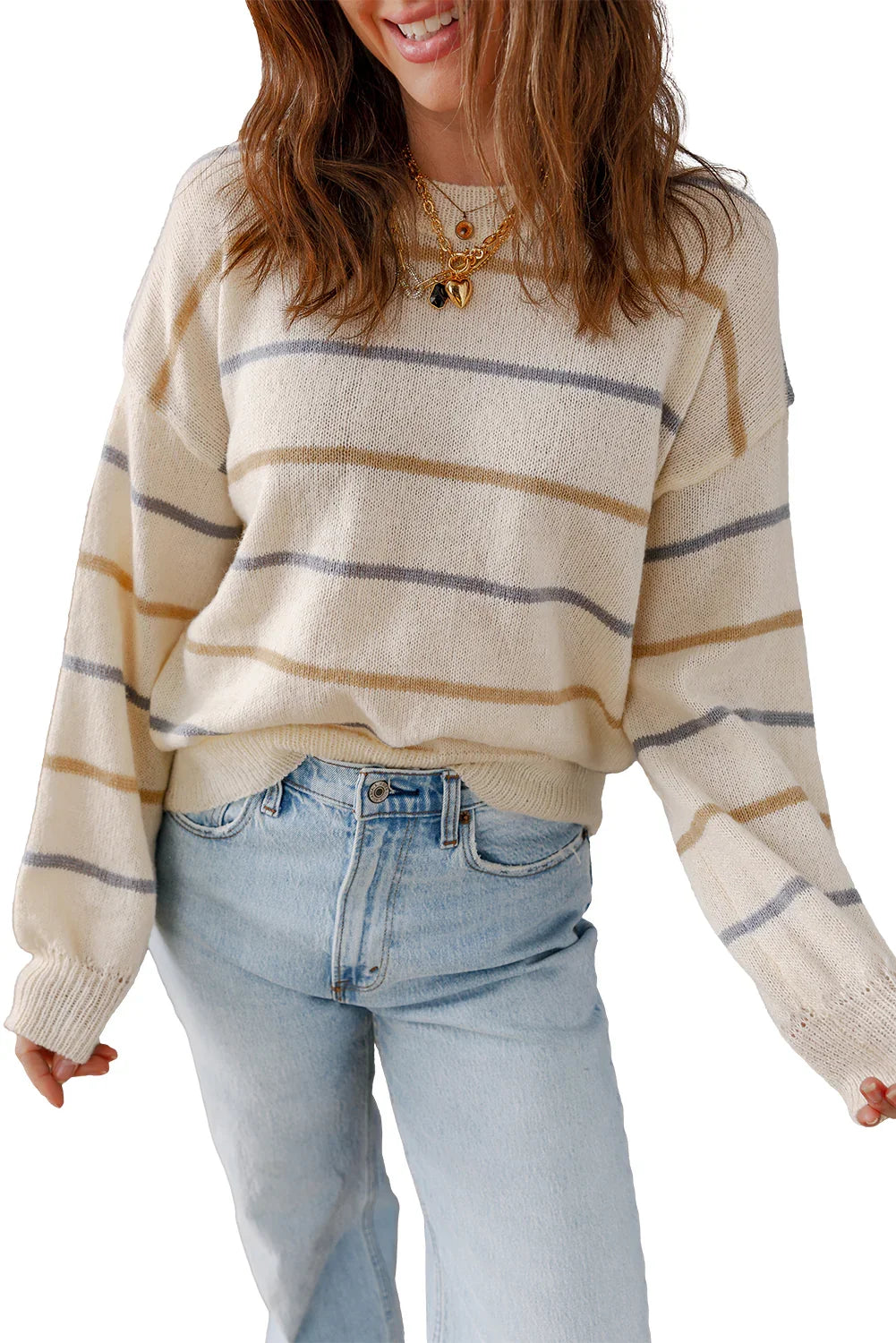 Multicolour Striped Ribbed Edge Drop Shoulder Sweater