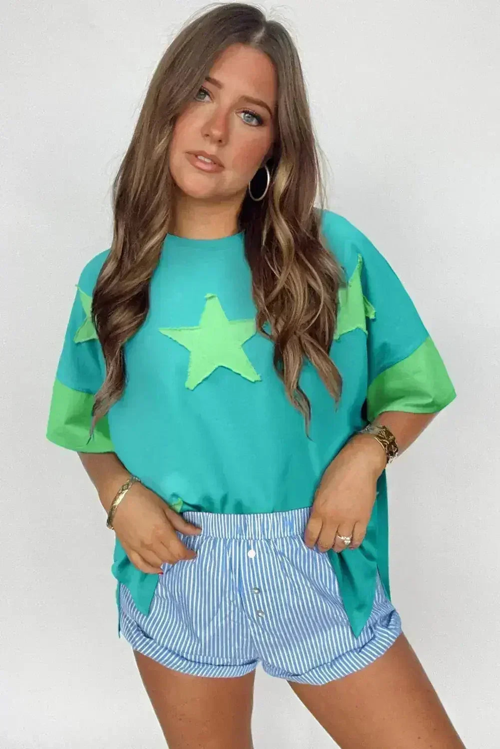 Aruba Blue Frayed Star Patched 4th of July Oversize T Shirt