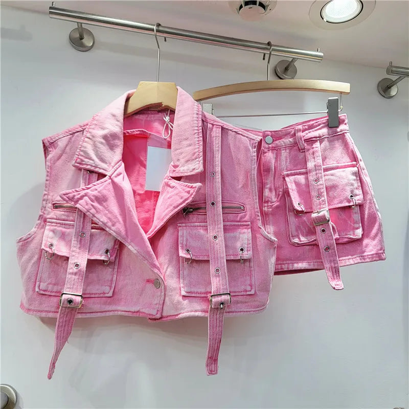 Retro Pink Large Pocket Denim Suit Spring Summer Sleeveless Short Vest High Waist Hip Wrapped Skirt 2 Pieces Sets Women Outfits