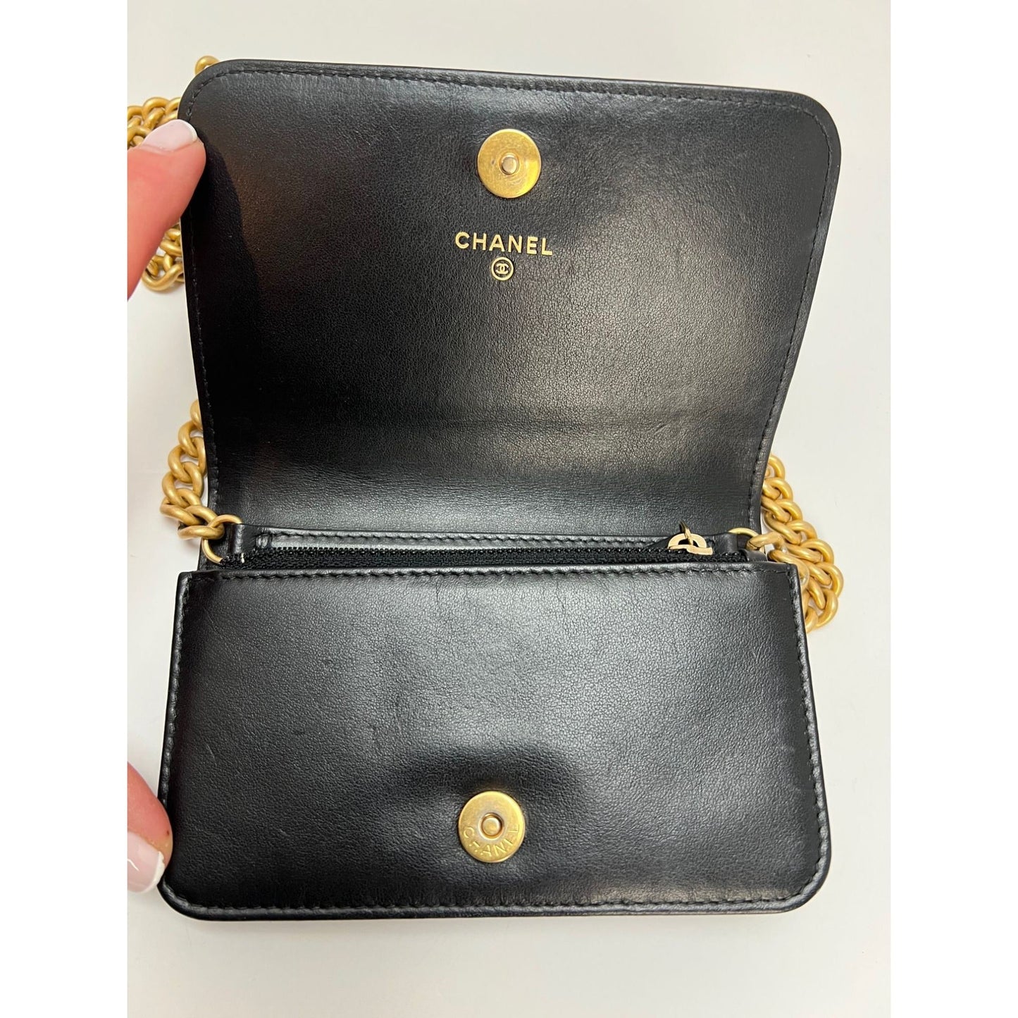 Chanel Caviar Quilted Mini Boy Clutch Wallet on a Chain Black