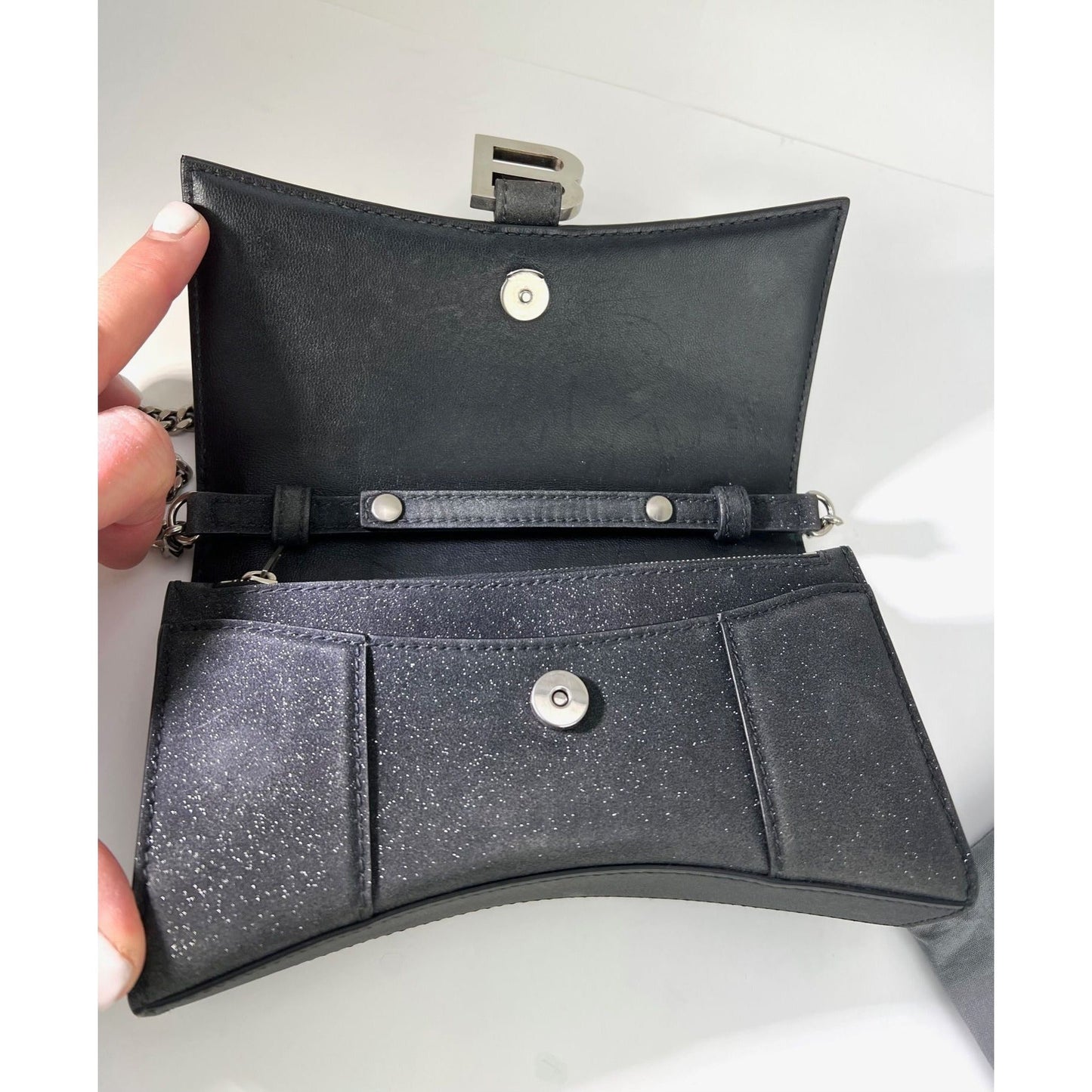 BALENCIAGA Hourglass Wallet On Chain Black Glitter Clutch Shoulder Bag