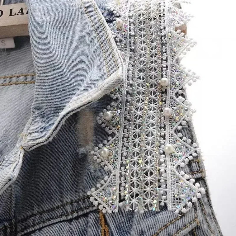 fashion Lace Beaded Denim Vest Women Cardigan 2025 New spring  Sleeveless Jacket Fashion Loose Vintage jeans Waistcoat tide R359