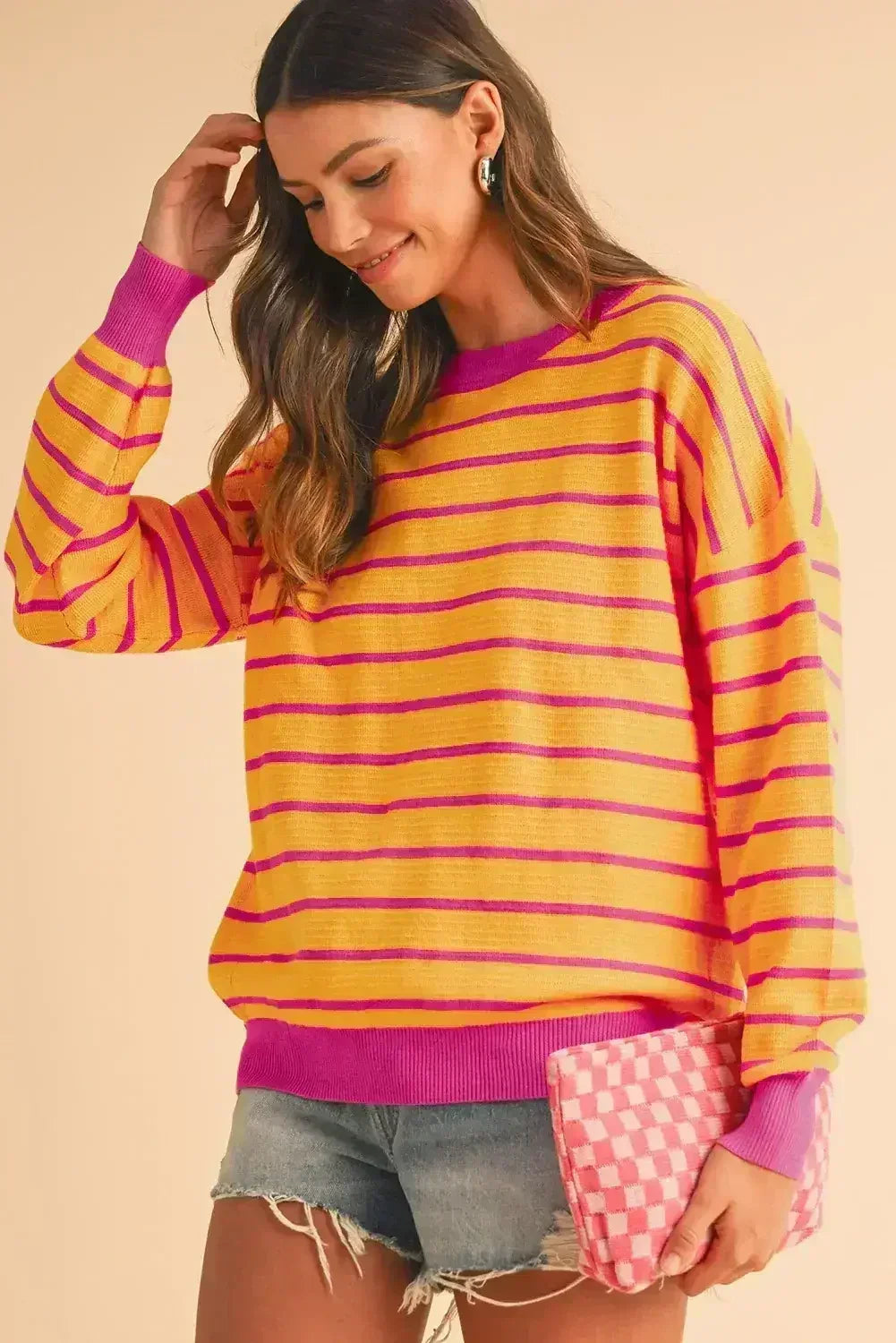Pink Stripe Round Neck Drop Shoulder Loose Sweater
