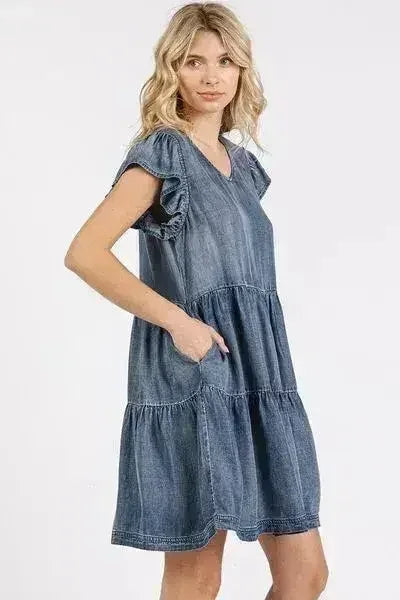 Mittoshop V-Neck Ruffled Cap Sleeve Mini Dress