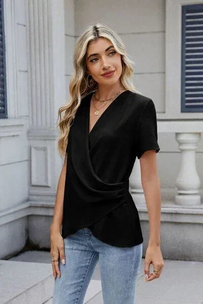 Out of State - Solid Color Surplice Short Sleeve Blouse