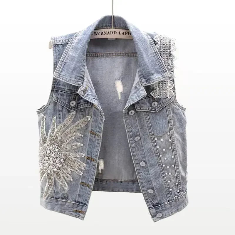 fashion Lace Beaded Denim Vest Women Cardigan 2025 New spring  Sleeveless Jacket Fashion Loose Vintage jeans Waistcoat tide R359
