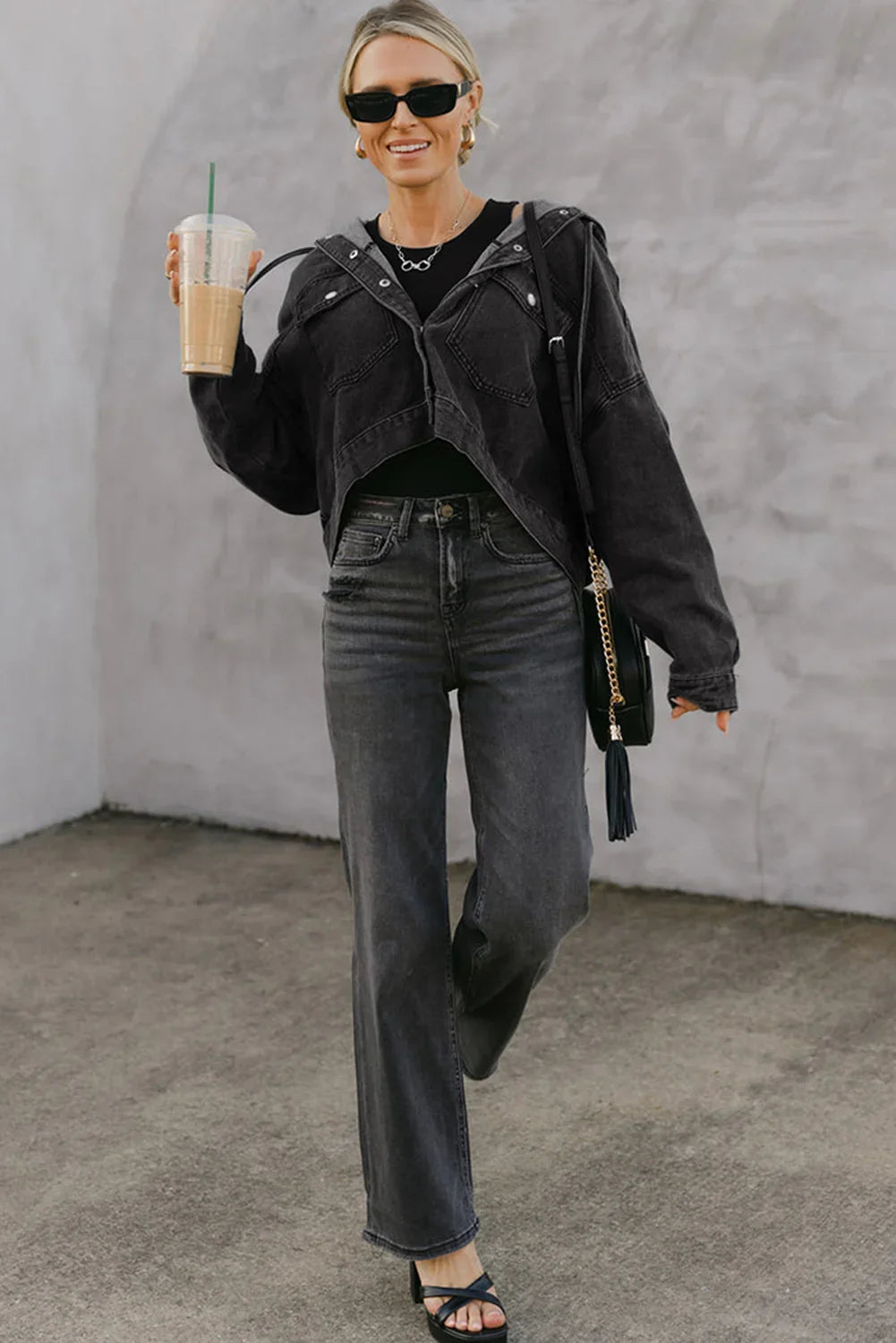 Black Chest Pocket Drop Shoulder Hooded Denim Jacket