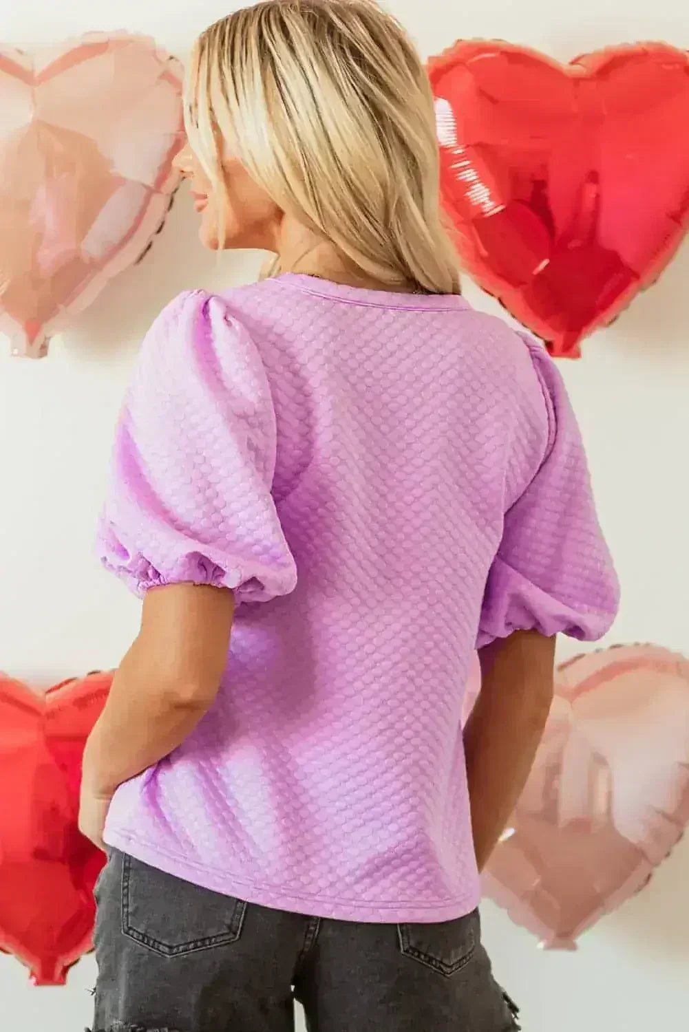 Phalaenopsis Puff Sleeve Blouse - Textured O-Neck Top | Femstylo