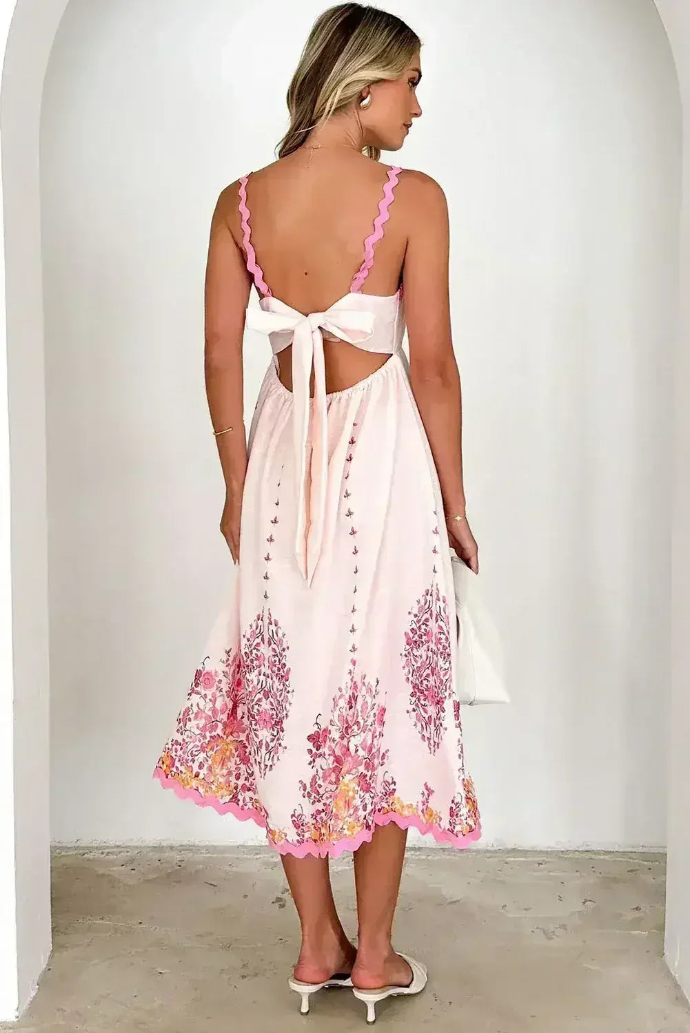 Pink Floral Ric Rac Spaghetti Strap Backless Dress