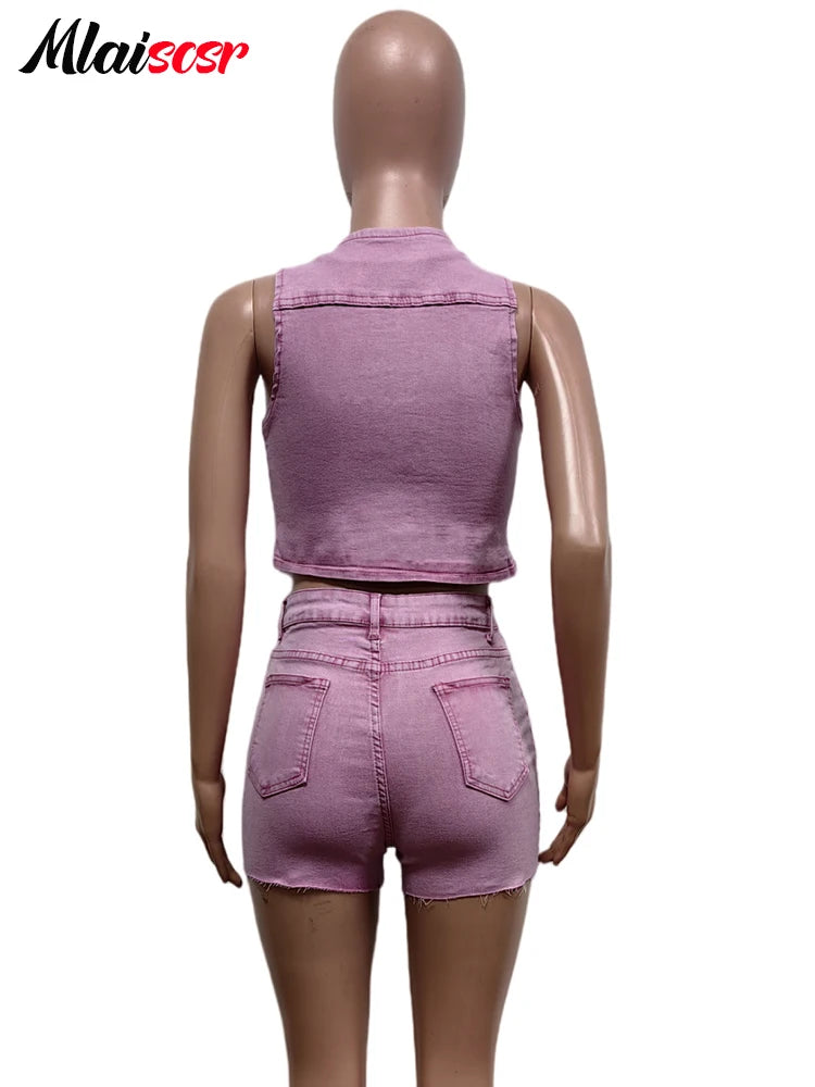 Mlaiscsr Pink Stretch Denim Sexy 2 Piece Club Outfit Women Sets V-Neck Vest Crop Tops and Embroidered Shorts Suit Y2k Streetwear