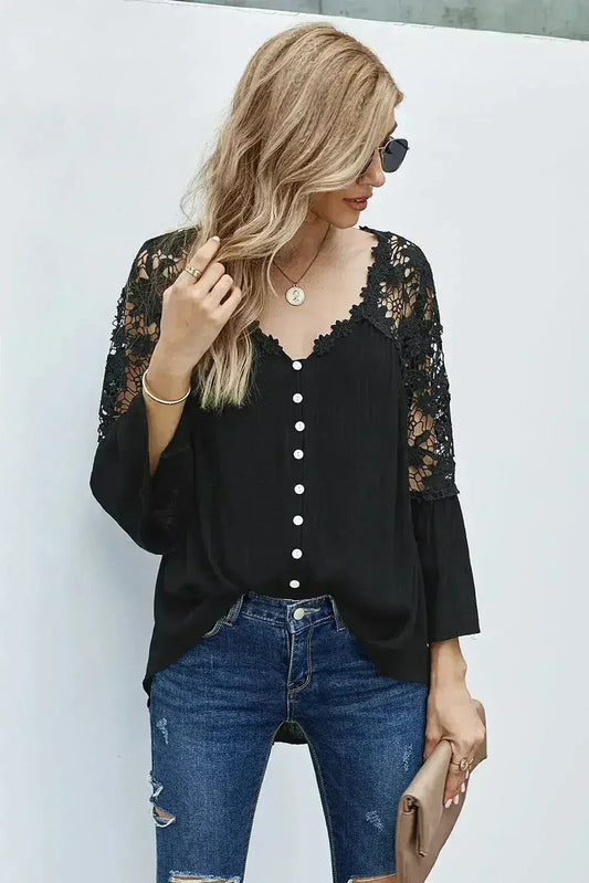 Black Crochet Lace Blouse - ¾ Bell Sleeve Button-Up Top for Women | Femstylo