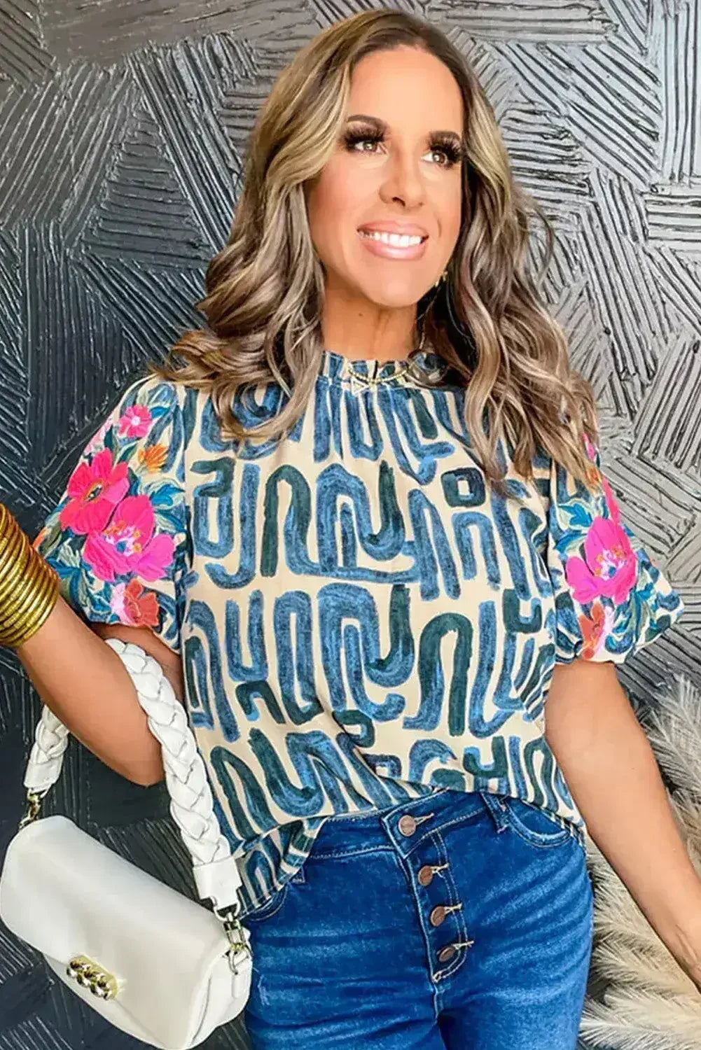 Beige Embroidered Puff Sleeve Frilled Neck Printed Top | Femstylo