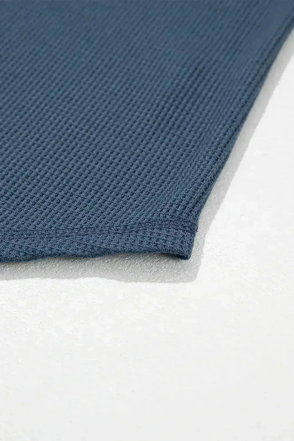 Blue Exposed Seam Drop Sleeve V Neck Waffle Textured Top