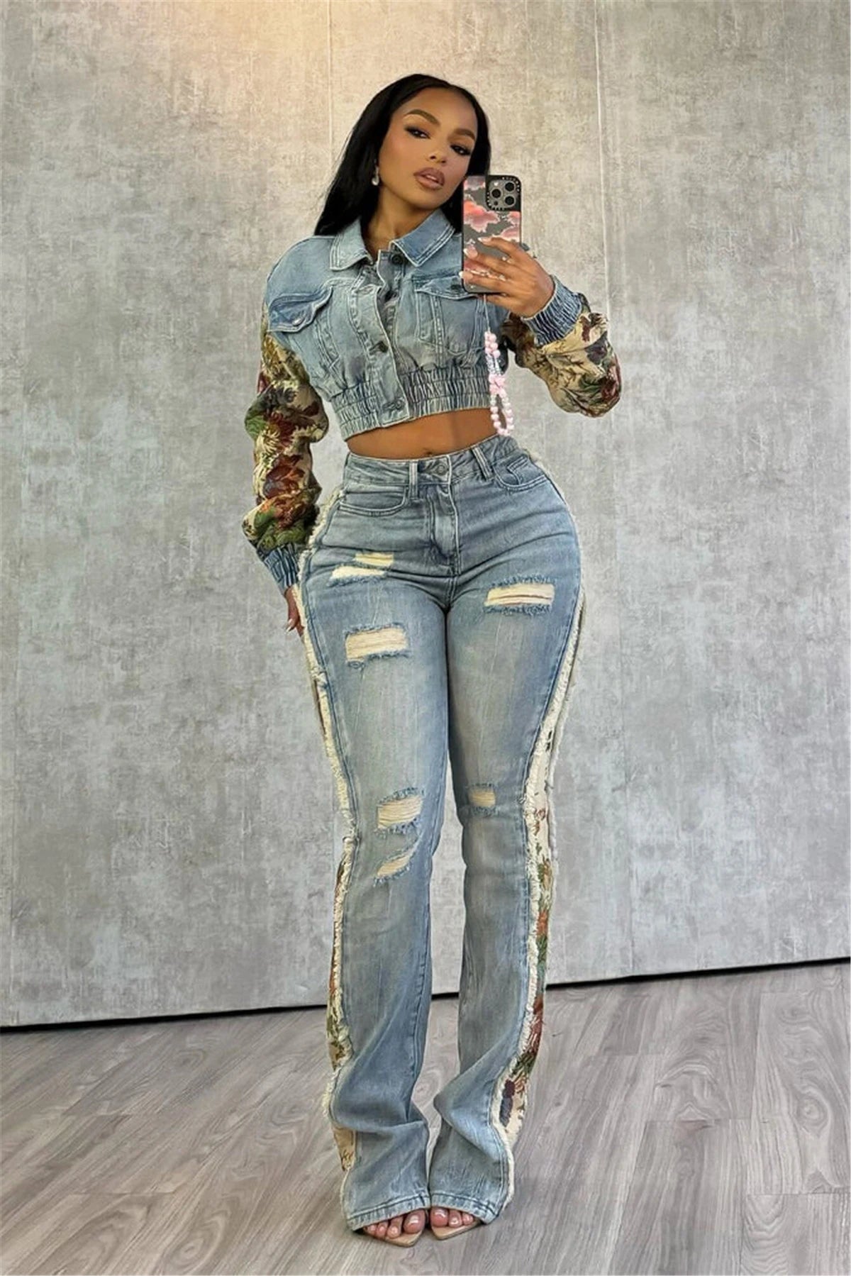 2024 Women's Printed Splicing Denim Jacket Long Sleeve and Piercing Jeans Long Pants Color Contrasting Set Two Piece Set