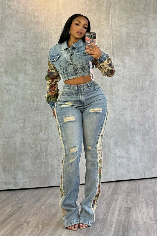2024 Women's Printed Splicing Denim Jacket Long Sleeve and Piercing Jeans Long Pants Color Contrasting Set Two Piece Set
