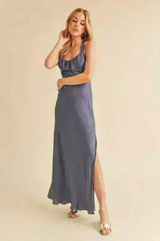 Aemi + Co Ruched Side Slit Cutout Back Maxi Cami Dress