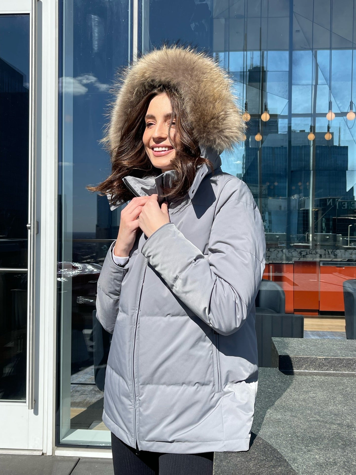 Melbourne Coyote Fur Down Classic Parka in Grey