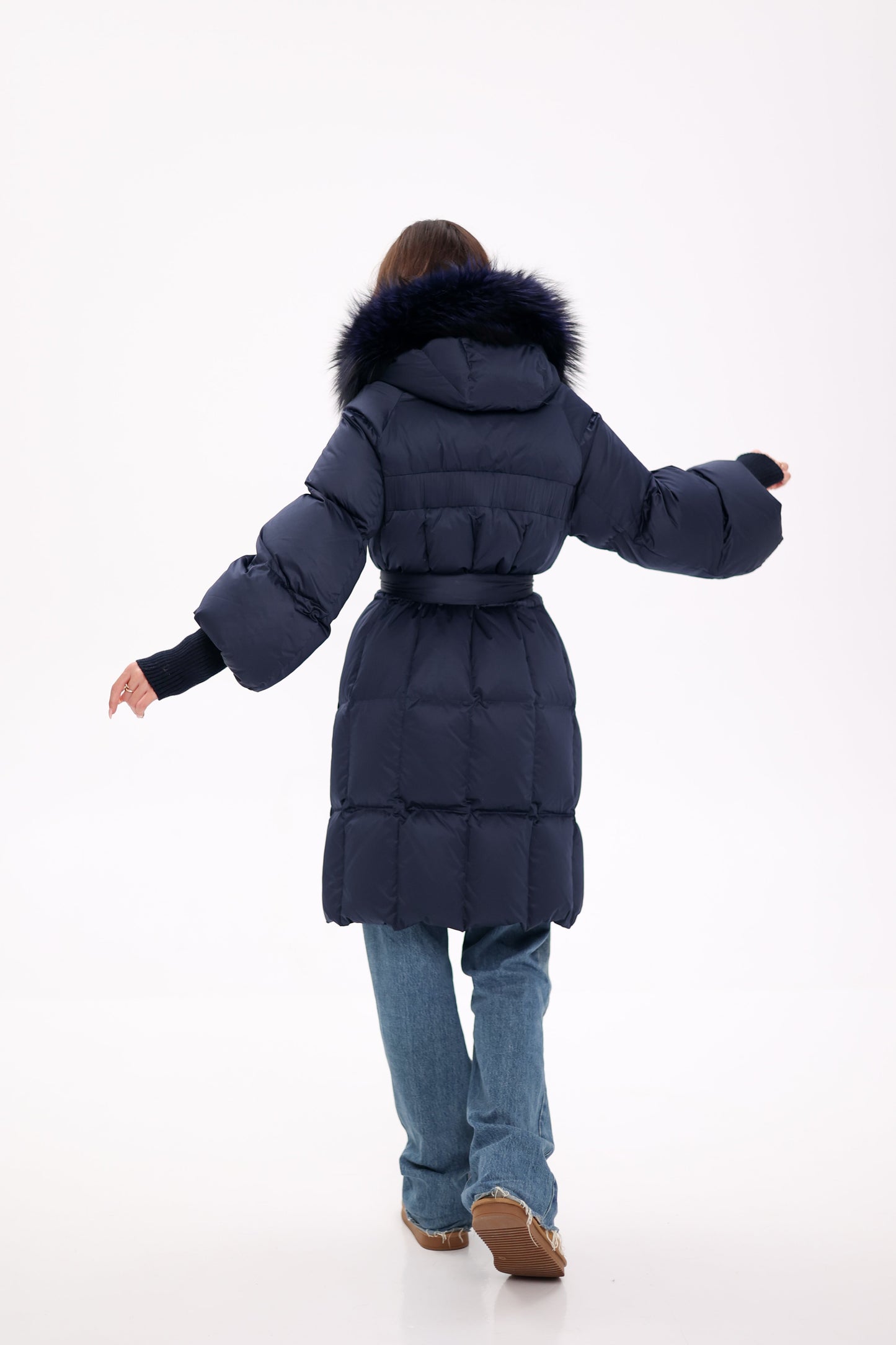 Genuine Fox Fur Trim Down Coat in Royal Blue