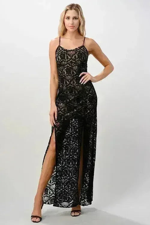Black Lace Maxi Dress with Front Slit Elegant - Femstylo