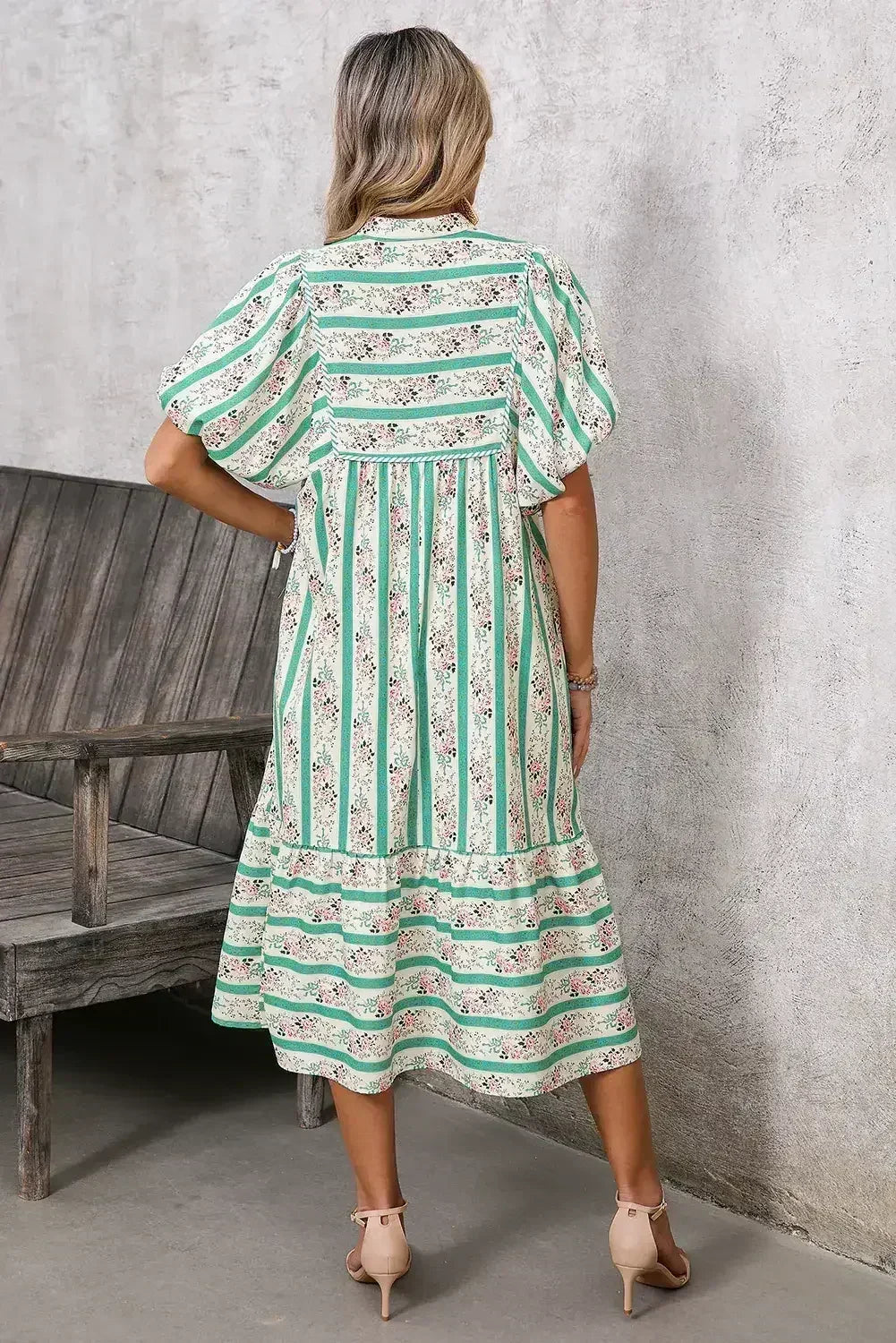 Multicolor Boho Floral Striped Tie V Neck Long Dress