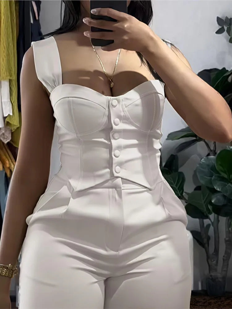 Chic Women Suit Y2k Sexy Two Piece Set Summer Sleeveless Slim Vest And Wide-leg Trouser Sets Elegant Solid Pants Women's Outfit