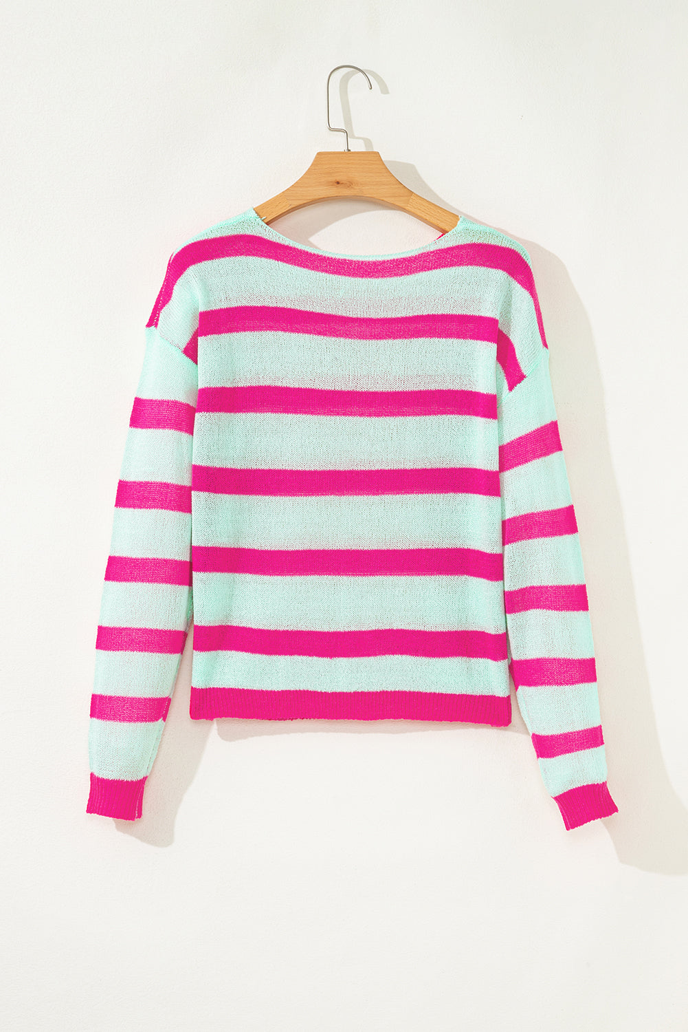 Green Striped Colorblock Knit Sweater With Round Neck