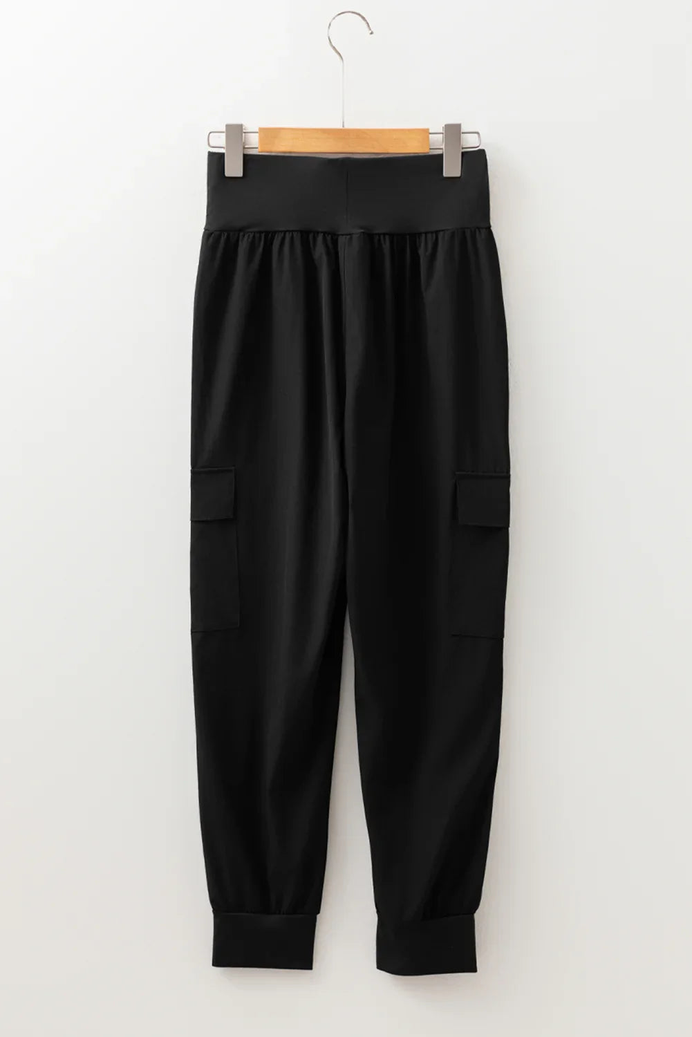 Black Elastic High Waist Pocketed Cargo Jogger Pants