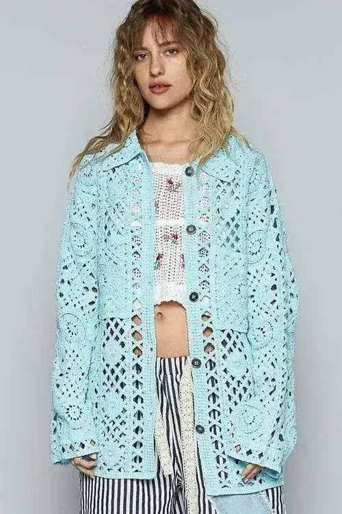 POL Crochet Button Up Cardigan with Chest Patch Pockets