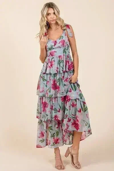 Mittoshop Layered Floral Sweetheart Neck Maxi Dress