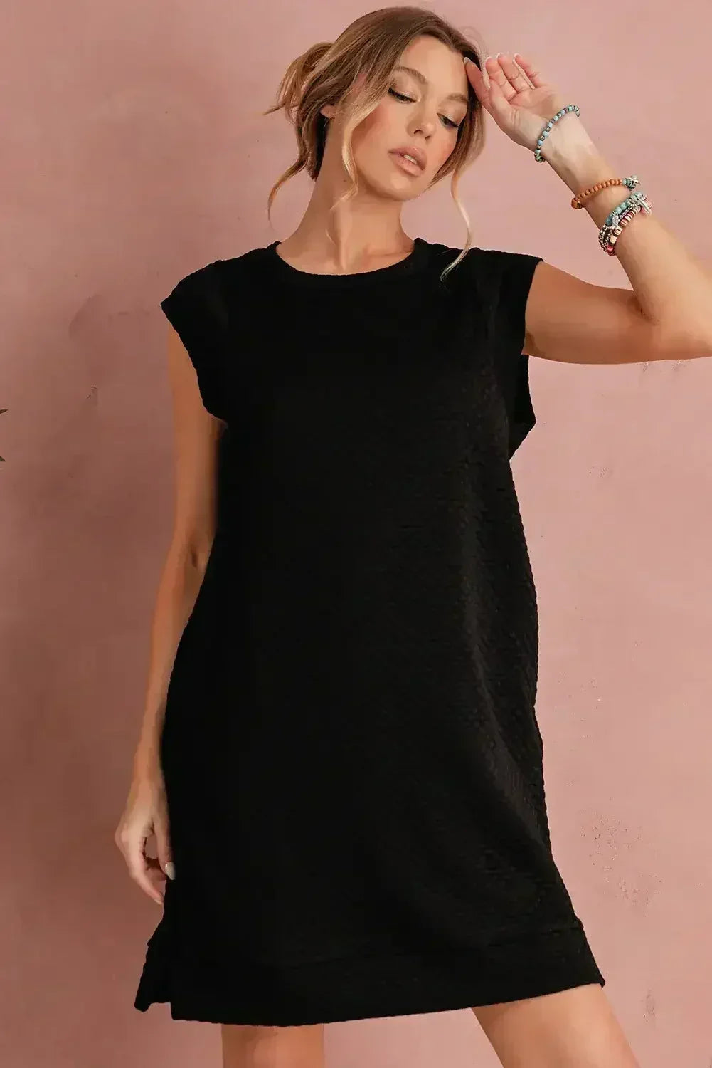 Black Textured Cap Sleeve T Shirt Shift Mini Dress
