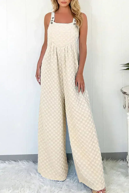Beige Checkered Pocket High Waist Wide Leg Overall