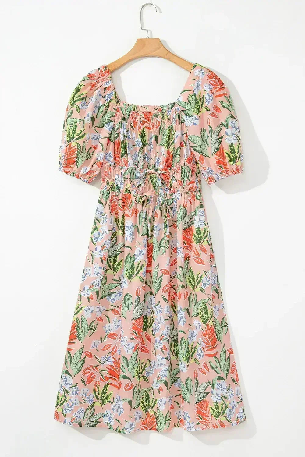 Apricot Pink Floral Knot Front Smocked Bubble Sleeve Dress