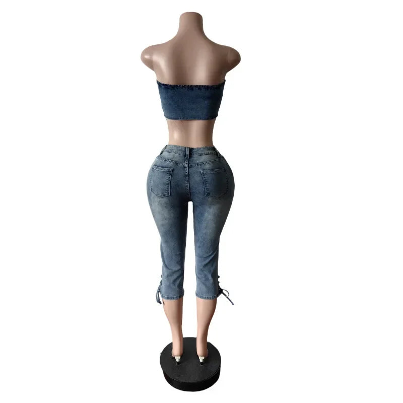 Fashion Sexy Lace-up Crop Jean Tube Top Women's Club Party Elastic Skinny Cropped Jeans Streetwear Two Piece Sets