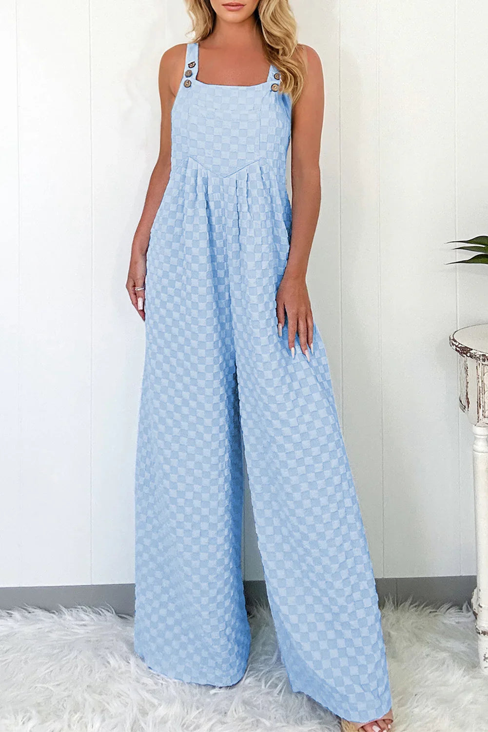 Beige Checkered Pocket High Waist Wide Leg Overall