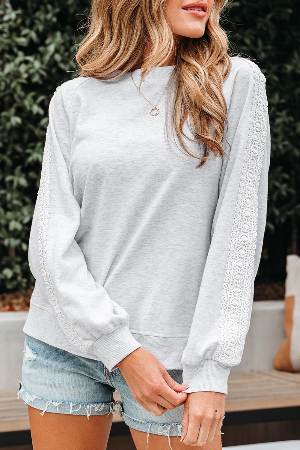 Peyton Lace Patchwork Raglan Sleeve Crew Neck Sweatshirt