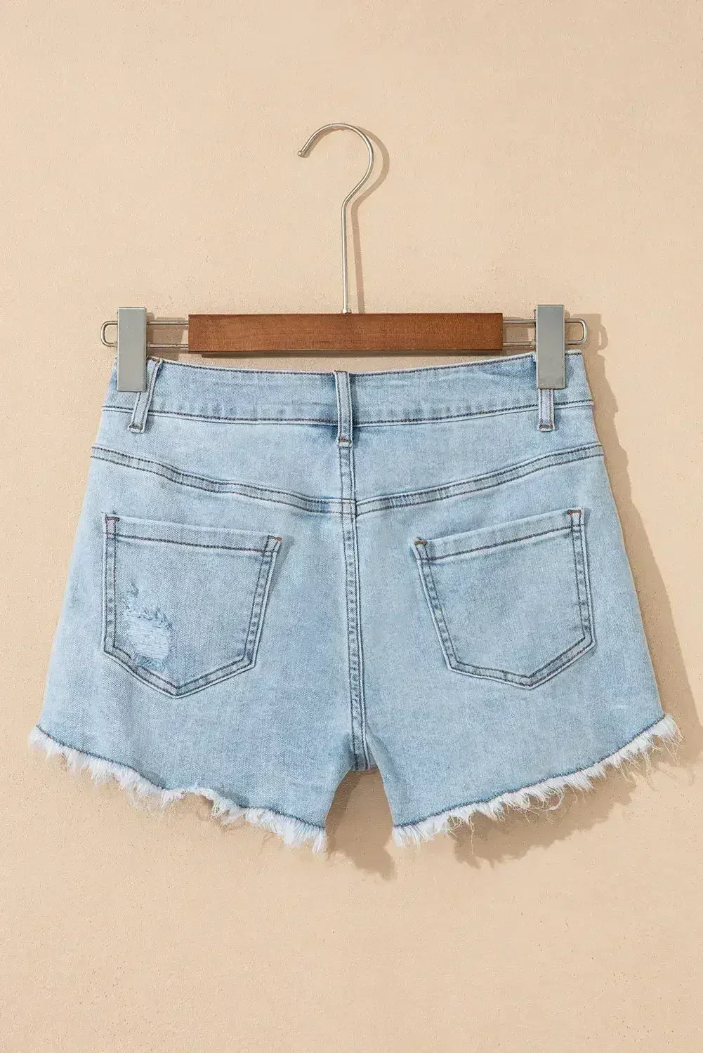Beau Blue High Rise Distressed Raw Hem Denim Shorts