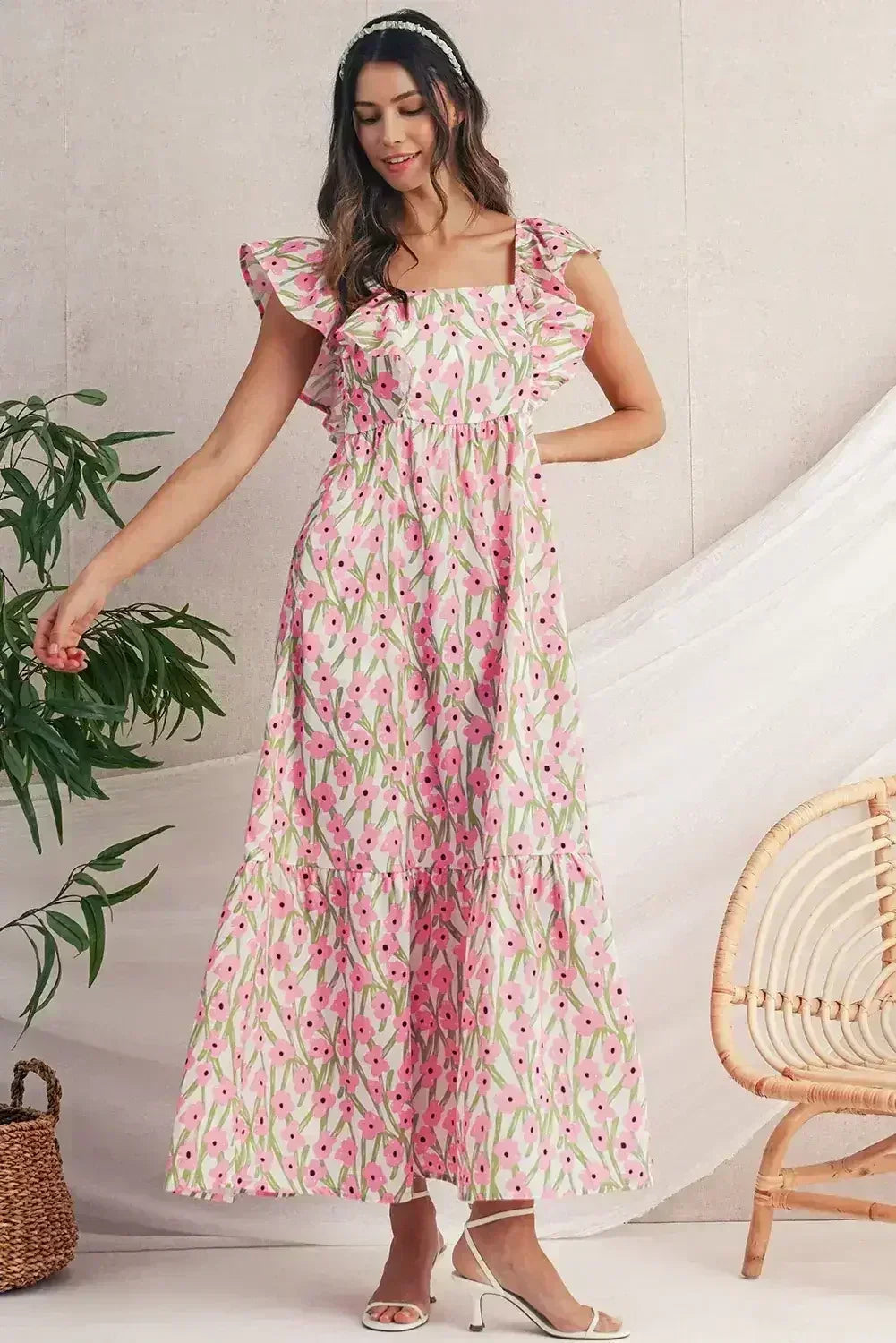 Pink Floral Print Square Neck Ruffled Strap Maxi Dress