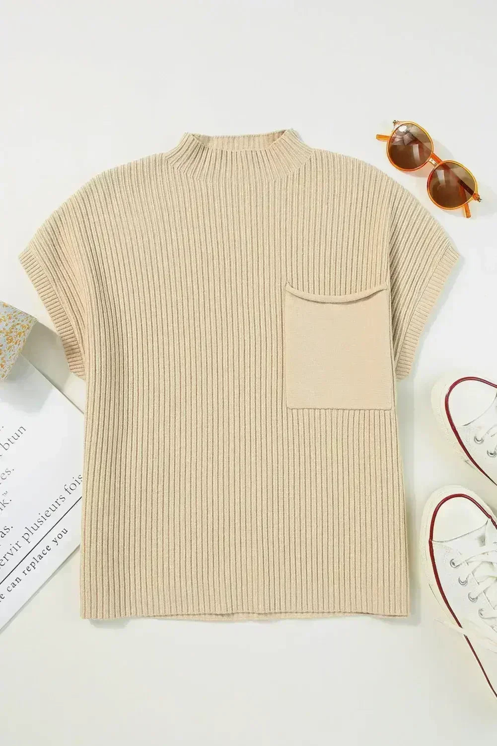 Mineral Red Patch Pocket Ribbed Knit Short Sleeve Sweater