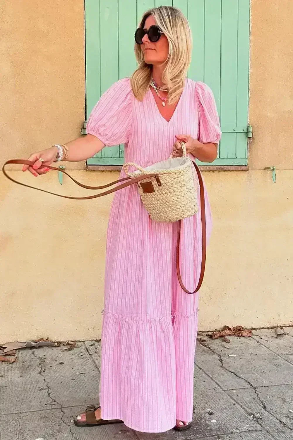 Pink Striped V Neck Puff Sleeve Frill Tiered Maxi Dress