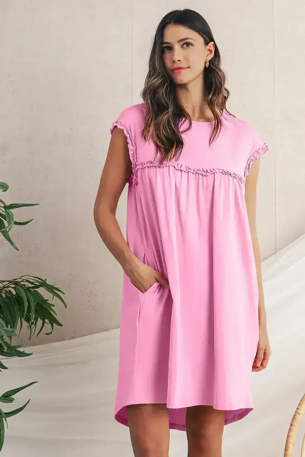 Oatmeal Frilled Trim Crewneck Loose Fit Mini Dress