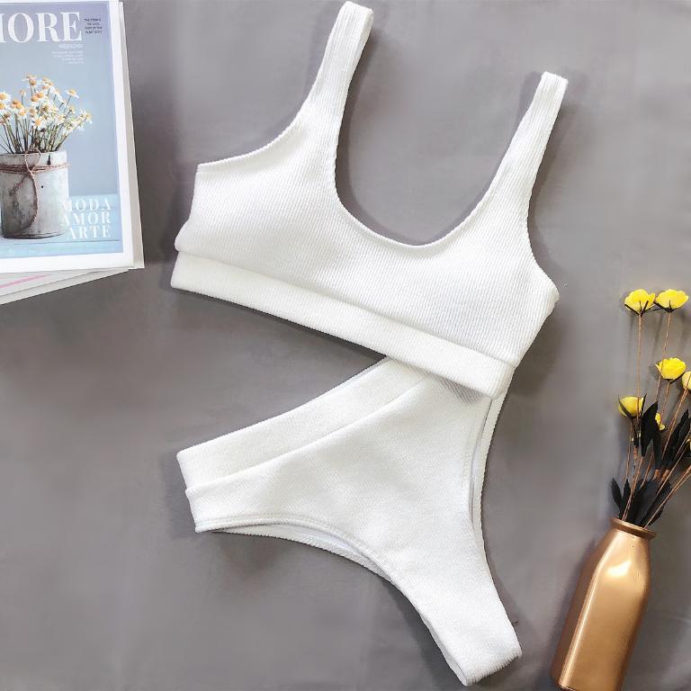 Fors Ribbed Solid Blue Swimsuit Women Sport High Waist Swimwear Women Vintage High Cut Sexy Bikini Set Padded Bathing Suit