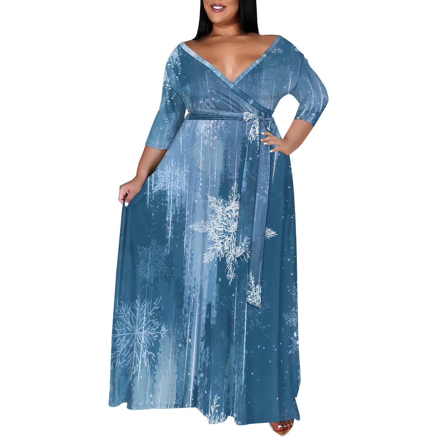 Plus Size Women's 3/4 Sleeve V-Neck Snowflake Print Wrap Maxi Dress Winter Elegant Party Dress