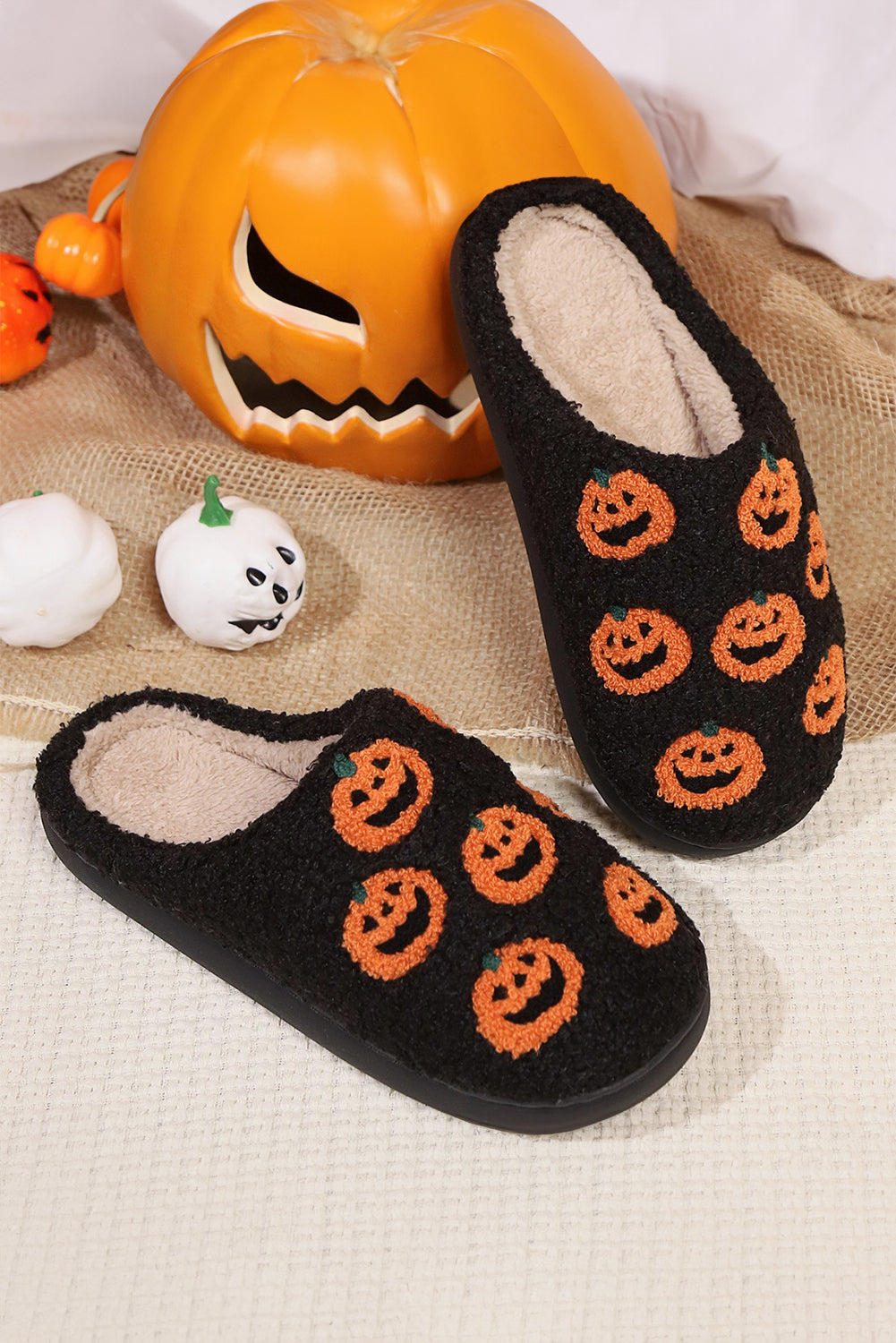 Black Halloween Pumpkin Plush Home Slippers With Non Slip