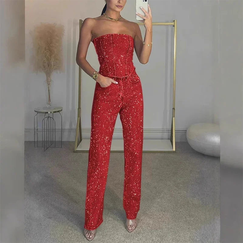 CPSYMYM Rhinestones Denim Vest Jeans Set Women Sexy Slim Sleeveless Strapless Empire Waist Zipper Pocket Pencil Trouser  Summer
