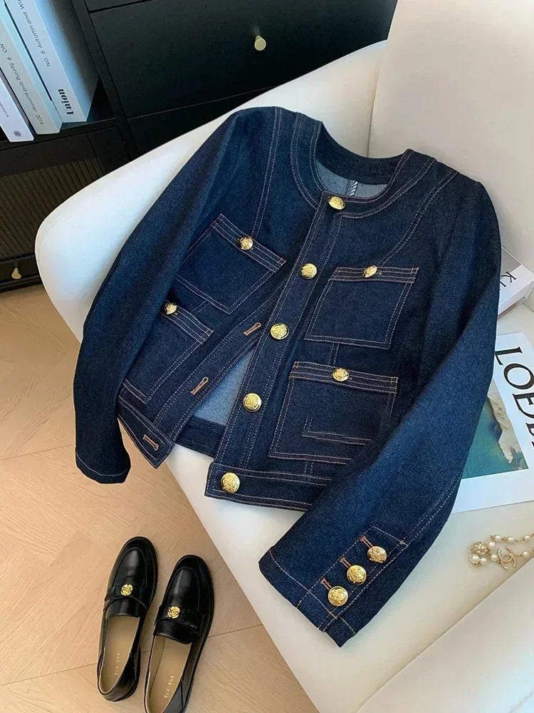Blue Denim Top Women Autumn Classic Style Short Coat New Korean Fashion  Chic Pockets O-Neck Female Ropa De Mujer Loose Jackets