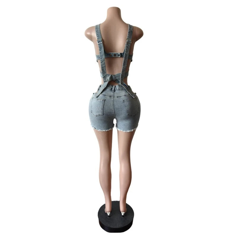 Sexy Jean 2 Piece Sets Women Outfit Summer Clothes Women 2024 Strapless Hollow Out Vest Top + Shorts Sets Street Denim Woman Set