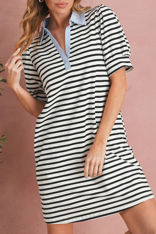 Black Stripe Collared Puff Sleeve Pocketed Mini Dress